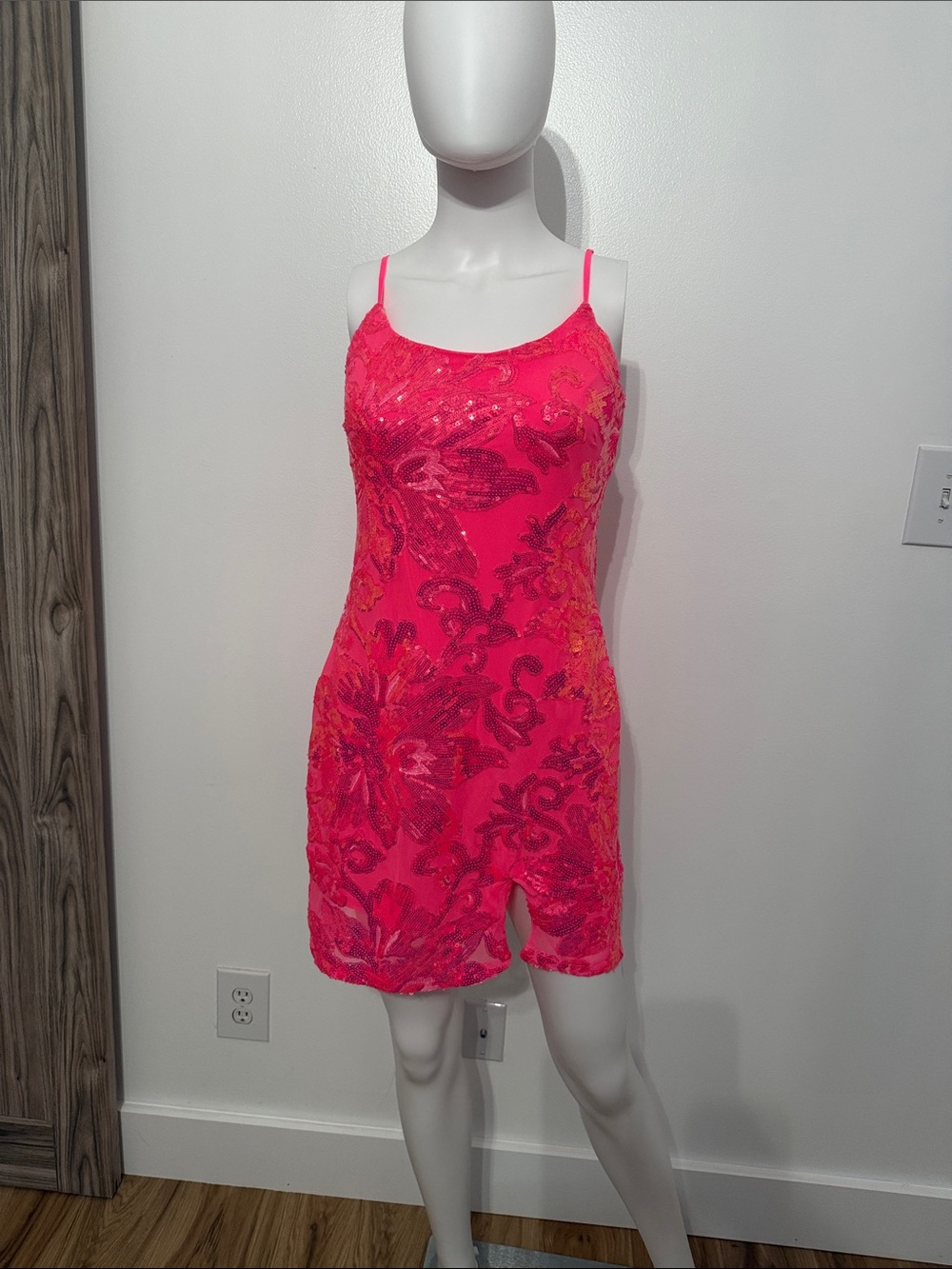 Hot Pink Floral Sequined Slip Dress with Spaghetti Straps